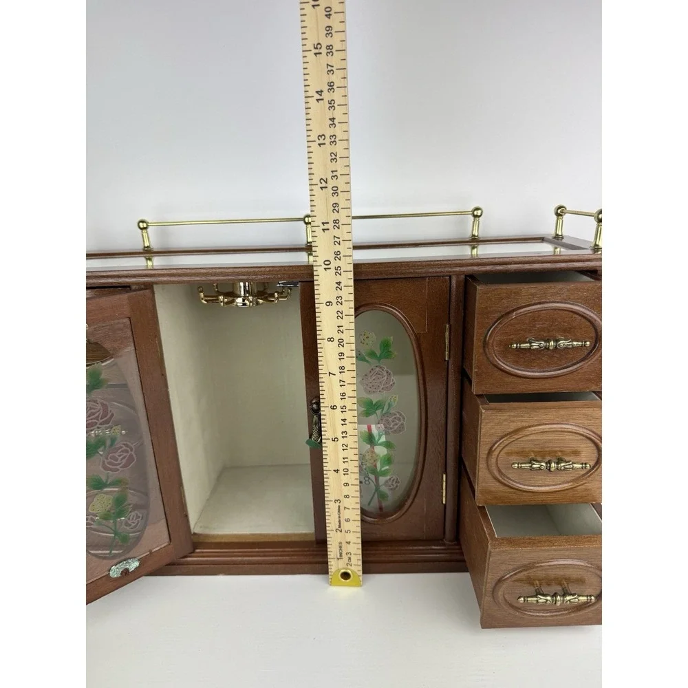 Vintage Jewelry Armoire Wood Cabinet Chest W/ Mirror Glass Door Organizer Floral